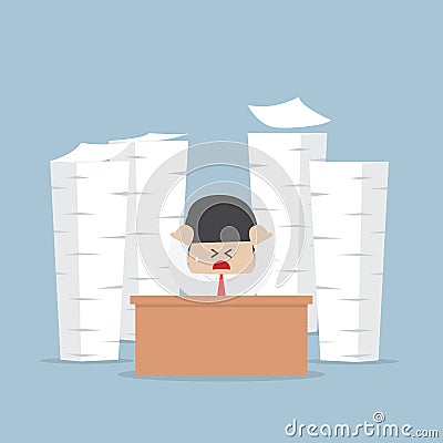 Tired and busy businessman with piles of work to do Vector Illustration