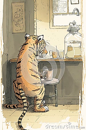 tired Cat is drinking coffee Stock Photo