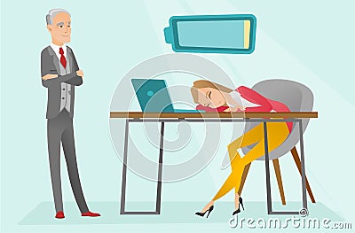 Tired caucasian employee sleeping at workplace. Vector Illustration