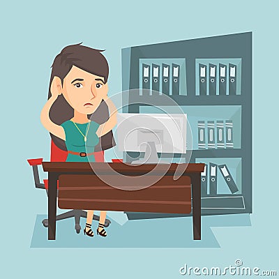 Tired caucasian office worker clasping her head. Vector Illustration