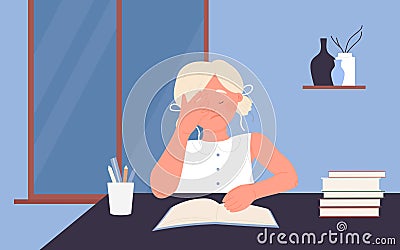 Tired child student doing homework late, girl sitting at desk with books to study Vector Illustration