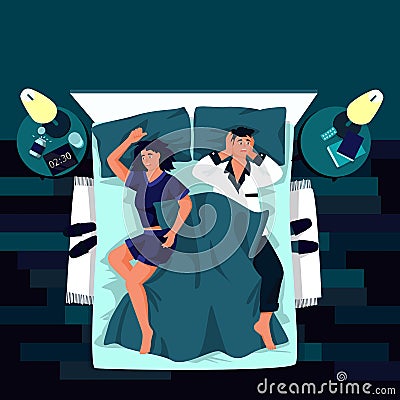 Tired couple suffering from insomnia. Vector flat cartoon illustration. Stress, depression and sleeping problems concept Vector Illustration