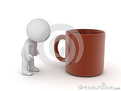 Tired 3D Character and Large Coffee Cup Stock Photo