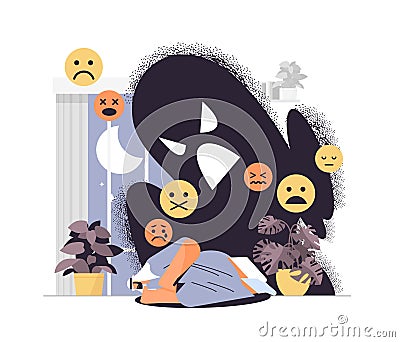 tired depressed arab man with evil shadow unhappy guy feeling desperate mental health diseases depression Vector Illustration