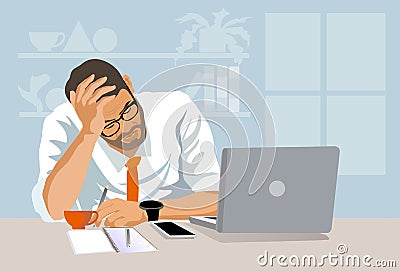 Tired, depressed, bored,A businessman frustrated by business failures, bankruptcy, looking at laptops, feeling tired, having upset Vector Illustration