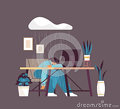 tired depressed businesswoman sleeping at workplace under rain cloud girl feeling desperate mental health diseases Vector Illustration