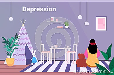 tired depressed child sitting on carpet unhappy girl feeling desperate mental health diseases depression concept Vector Illustration