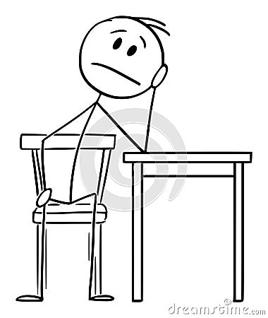Tired or Depressed Man Sitting at Home on Chair and Thinking, Vector Cartoon Stick Figure Illustration Vector Illustration