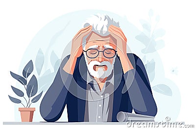 Tired elderly man holding his head in hands exhausted. Stock Photo