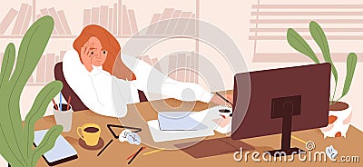 Tired employee at computer desk at work. Exhausted creative office worker at workplace. Bored, overworked and Vector Illustration