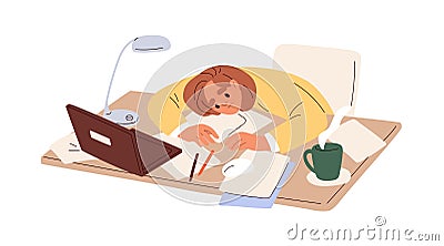 Tired employee at office work. Bored overworked person at computer desk, workplace. Burnout concept. Frustrated Vector Illustration