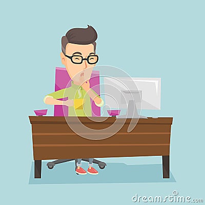 Tired employee yawning in office. Vector Illustration