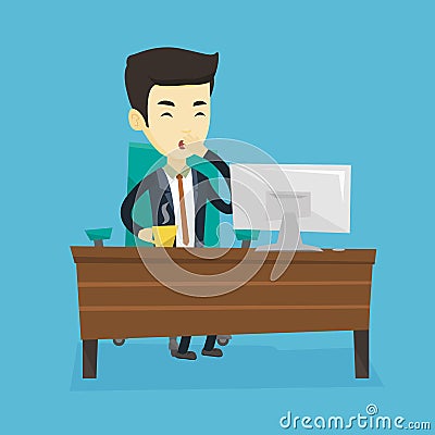 Tired employee yawning in office. Vector Illustration