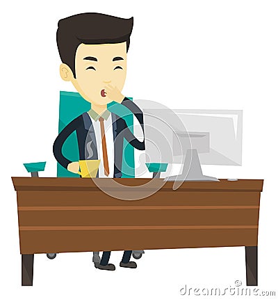 Tired employee yawning in office. Vector Illustration