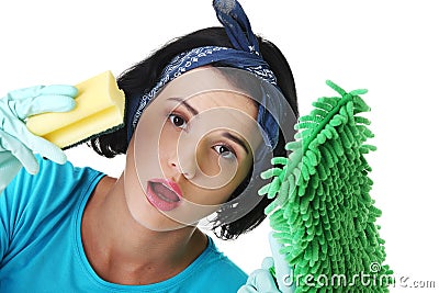 Tired and exhausted cleaning woman Stock Photo