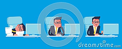 Tired, exhausted, falling asleep, overtired businessman. Vector Illustration