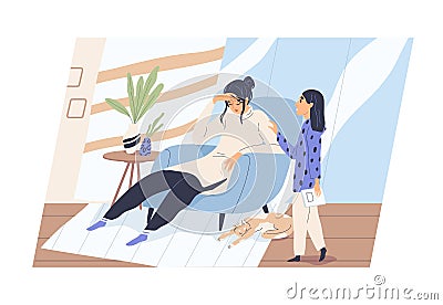 Tired exhausted unhealthy mother and concerned child. Sad fatigue mom and kid. Hard parenting and maternity concept Vector Illustration