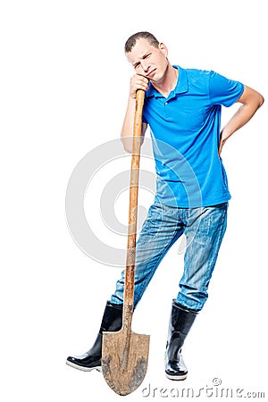 Tired farmer holding a sick back on a white Stock Photo