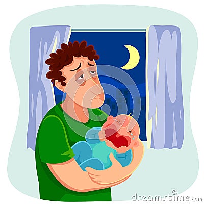 Tired father with crying baby Vector Illustration