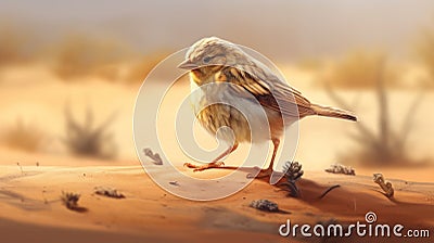 Tired Finch: A Cute Cartoonish Concept Art Of A Featherless Bird In The Desert Cartoon Illustration