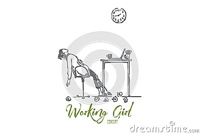 Tired, freelancer, woman, overwork, deadline concept. Hand drawn isolated vector. Vector Illustration