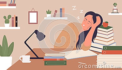 Tired girl, exhausted of study, young woman sleeping next to books, sitting at table Vector Illustration