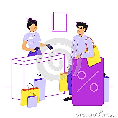 A tired guy with a bunch of purchases and a huge plastic discount card is standing at the checkout. He is not Vector Illustration