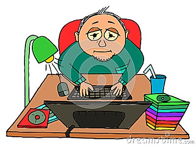 Tired hacker IT nerd behind table Vector Illustration