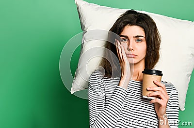 Tired happy woman drinking coffee Stock Photo