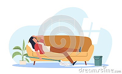 Tired housewife lies on couch, exhausted from cleaning house. Upset woman housekeeper tired of housework. Chores at home Vector Illustration