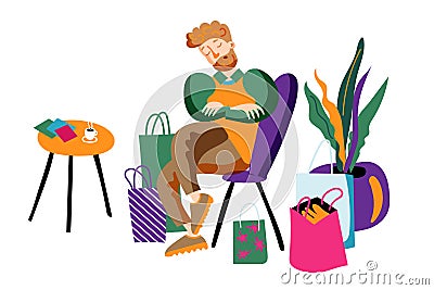 Tired husband in boutique flat vector illustration Vector Illustration