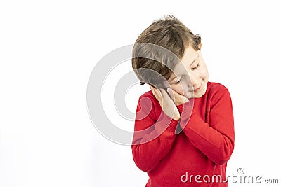 Tired kid with closed eyes leaning on palms as pillow pretending sleeping being exhausted seeing dreams standing against white Stock Photo