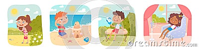 Tired kids in hot weather of summer season set, boys and girls with sunstroke symptoms Vector Illustration