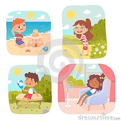 Tired kids in hot weather of summer season set, boys and girls with sunstroke symptoms Cartoon Illustration