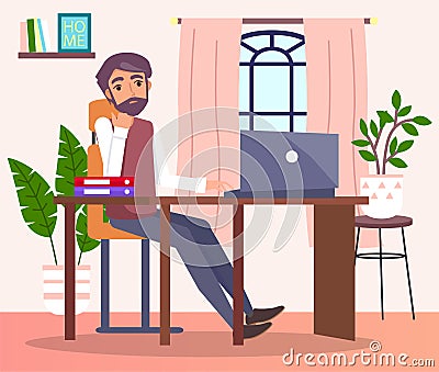 Bearded pensive man sitting at table with laptop, working remotely. Abral. Stay home. Flat image Vector Illustration