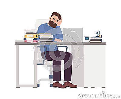 Tired male manager working on computer. Sad or exhausted bearded man at office. Stressful work, stress at workplace Vector Illustration