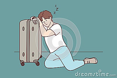 Tired man sleeps resting head on travel suitcase after difficult business trip. Vector image Vector Illustration