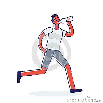 Tired man drinking water while jogging. Sweating cartoon guy running marathon Vector Illustration