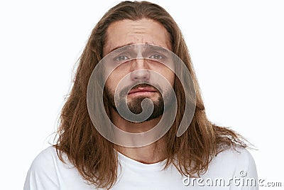 Tired Man With Exhausted Face And Dark Circles Under Eyes Stock Photo