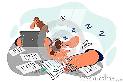 Tired man fell asleep doing paperwork and sitting at table with female colleague Vector Illustration