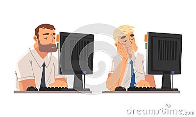 Tired Man in Front of Computer Screen Doing Work Routine in the Office Vector Set Vector Illustration
