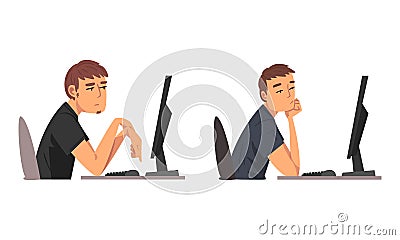 Tired Man in Front of Computer Screen Doing Work Routine in the Office Vector Set Vector Illustration