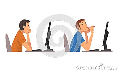 Tired Man in Front of Computer Screen Doing Work Routine in the Office Vector Set Vector Illustration