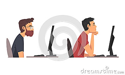 Tired Man in Front of Computer Screen Doing Work Routine in the Office Vector Set Vector Illustration