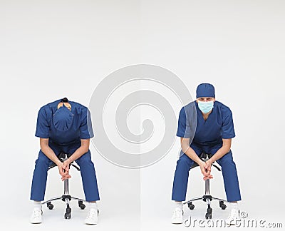 Tired man medical professional sitting on mobile saddle - front view Stock Photo