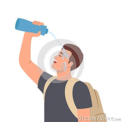 Tired man tourist pouring water on face during long walk in nature in hot weather. Traveler guy with backpack on back exhaustively Vector Illustration