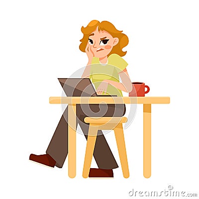 Tired Mom Sitting at Laptop at Desk Working with Frown Face Vector Illustration Vector Illustration