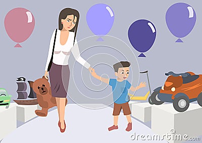 Tired mom with toddler at toy store cartoon Vector Illustration