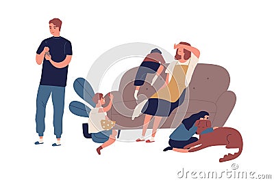 Tired mother having many children sitting on couch after tough day vector flat illustration. Indifference husband Vector Illustration