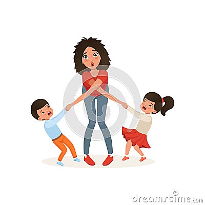 Tired mother with her capricious children, parenting stress, relationship between children and parents concept vector Vector Illustration